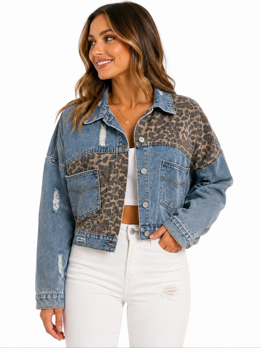Veveret Leopard Print Denim Jacket Distressed Oversized Jean Jacket L
